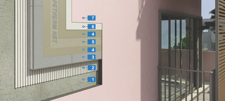 Az Innopan PIR MF/Therm Front-E felhasználásával készült homlokzati hőszigetelő rendszer rétegrendje.